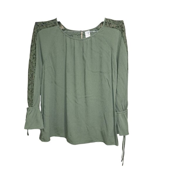 Terra & Sky Womens 1X Olive Green Lace Sleeve Blouse Top Plus 16/18W - Picture 1 of 8